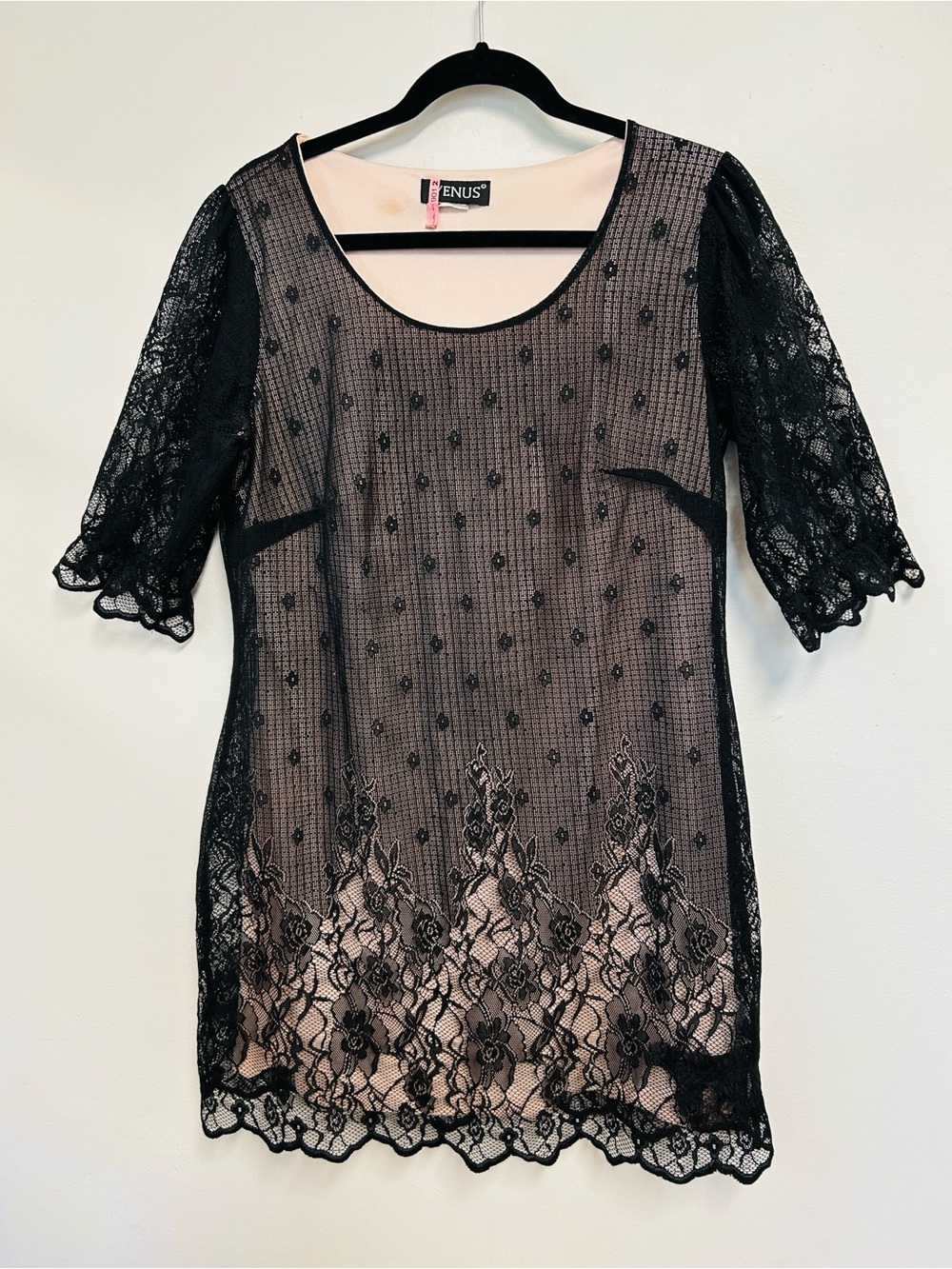 Venus Black Floral Paisley Lace Overlay Pink Lining Lightweight Dress Womens L